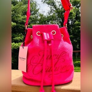 Juicy Couture Pink Terry Cloth Bucket Bag Pink Flash Crossbody Drawstring NWT